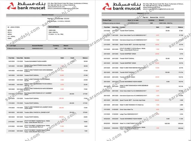 Oman Bank Muscat statement of account Word and PDF template, 2 pages